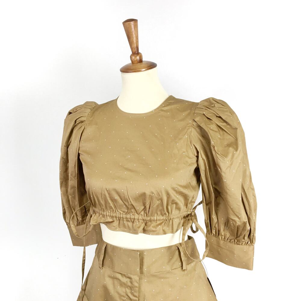 New Danielle Bernstein SET khaki dot puff sleeve top XS high waist shorts 4 NWT - Picture 4 of 5